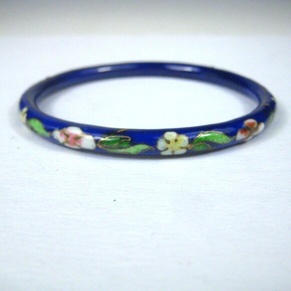 Vintage Blue Floral Cloisonné Bangle Bracelet Floral Enamel Flower - Picture 1 of 7